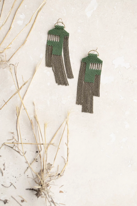 Moss green beaded statement earrings.