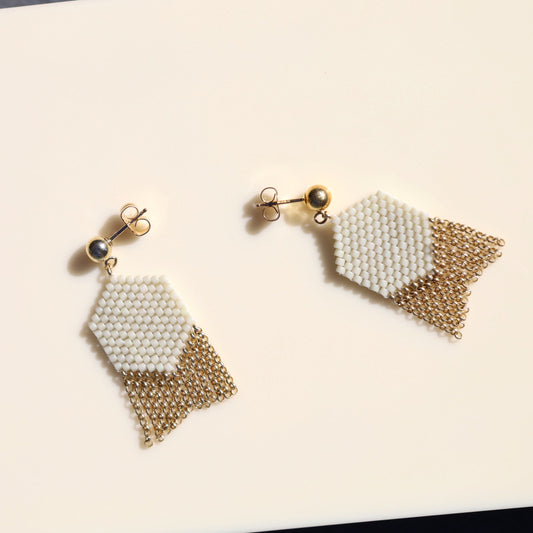 Gold and off-white beaded earrings with 14k gold fill chain.