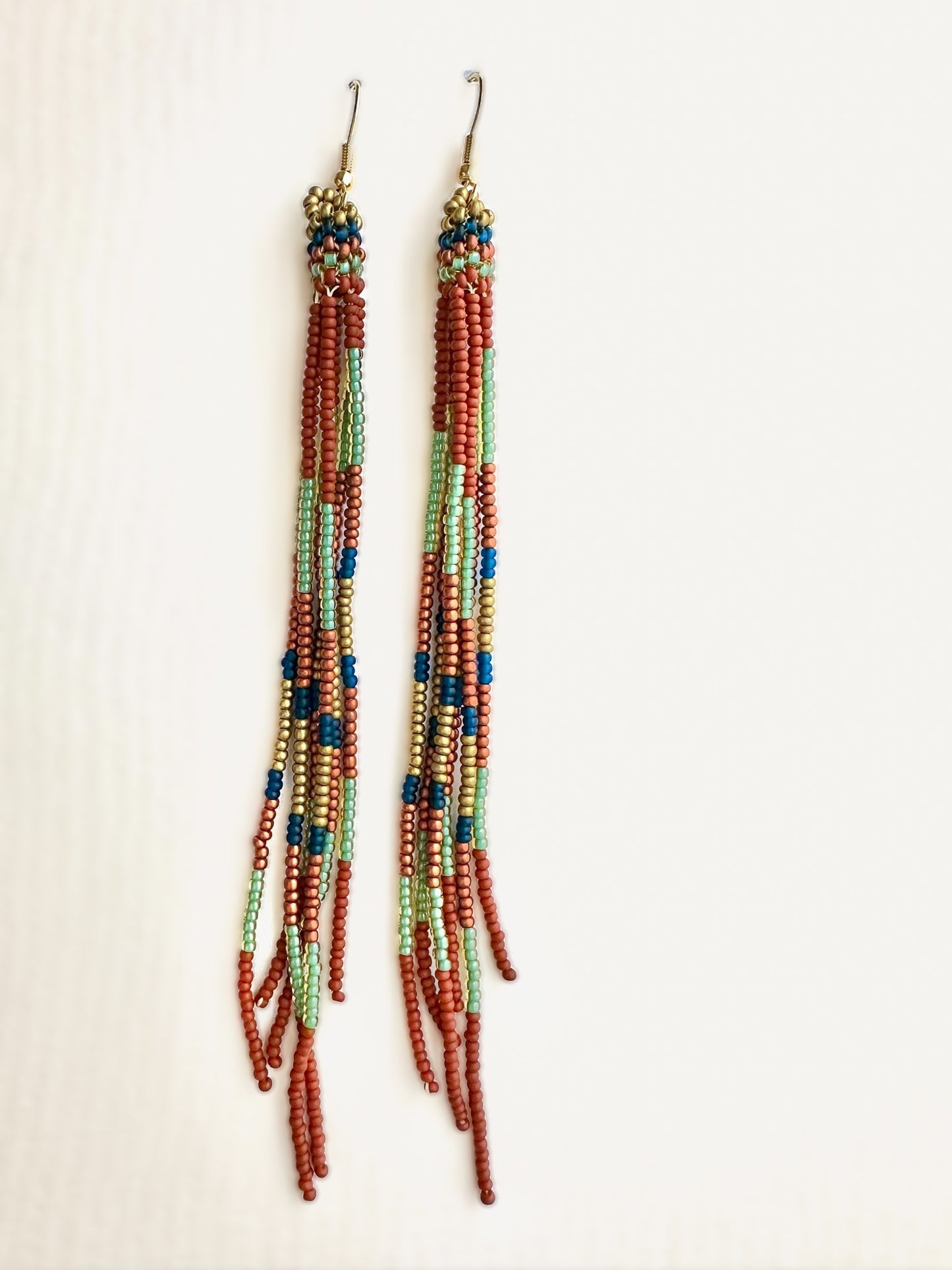 Beaded Duster Earrings - Rust/Seafoam