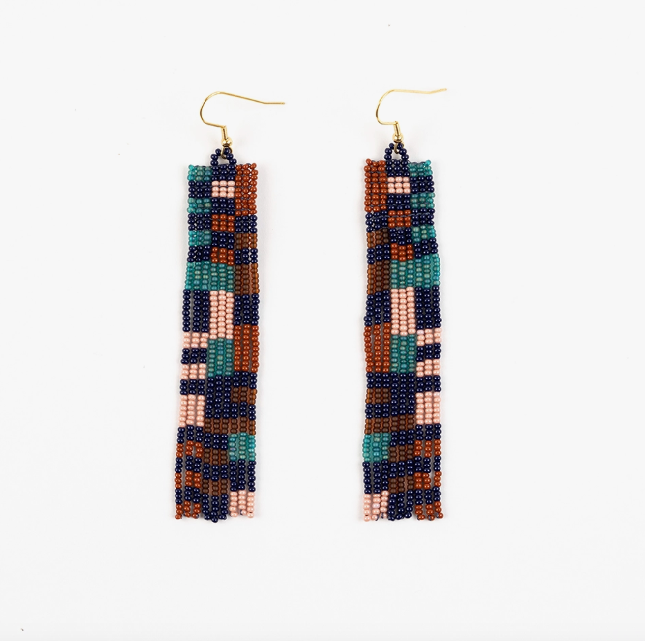 Long hand beaded earrings in blue, teal, rust and pink.