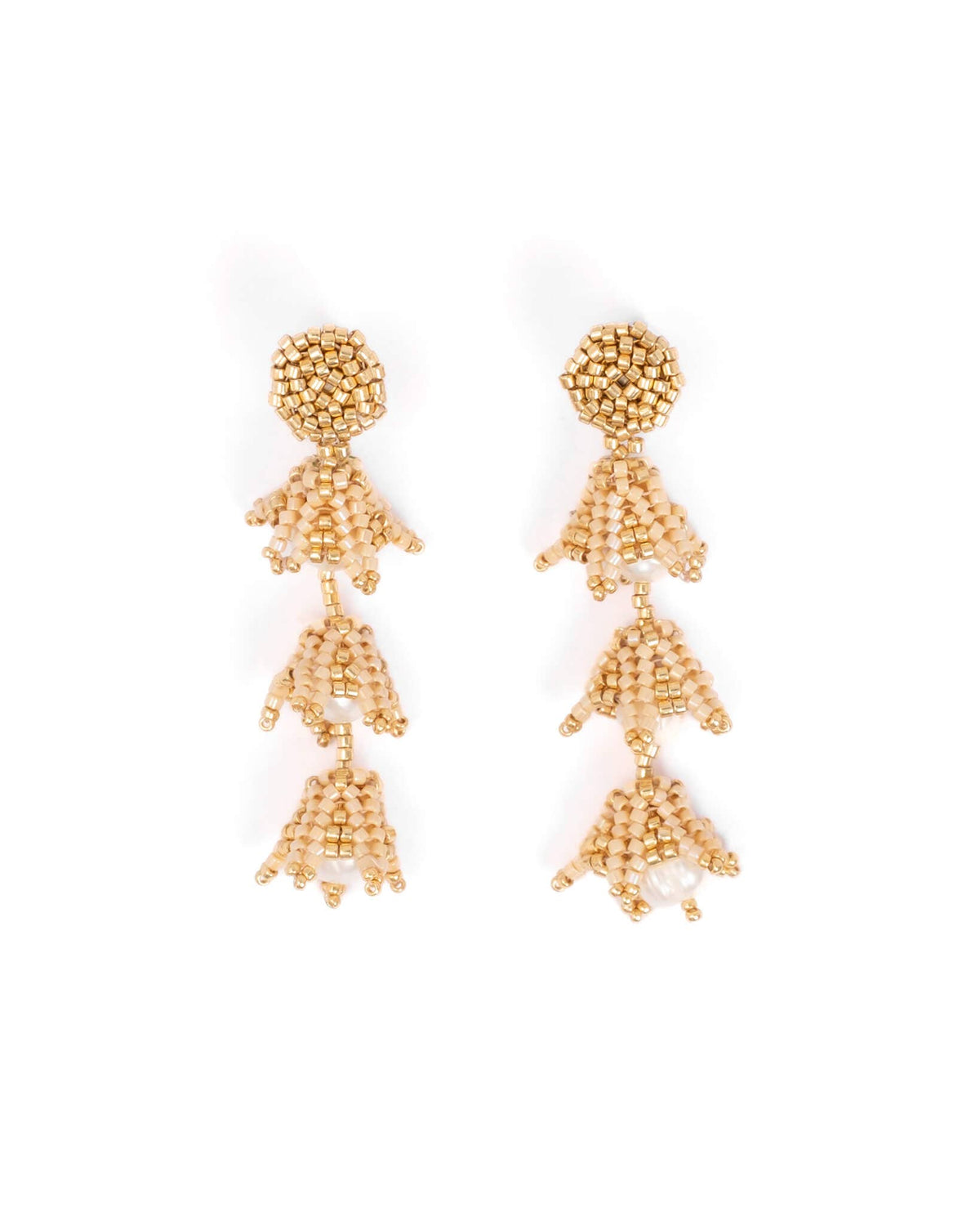 Beaded Handwoven Bell Drop and Pearl Earrings