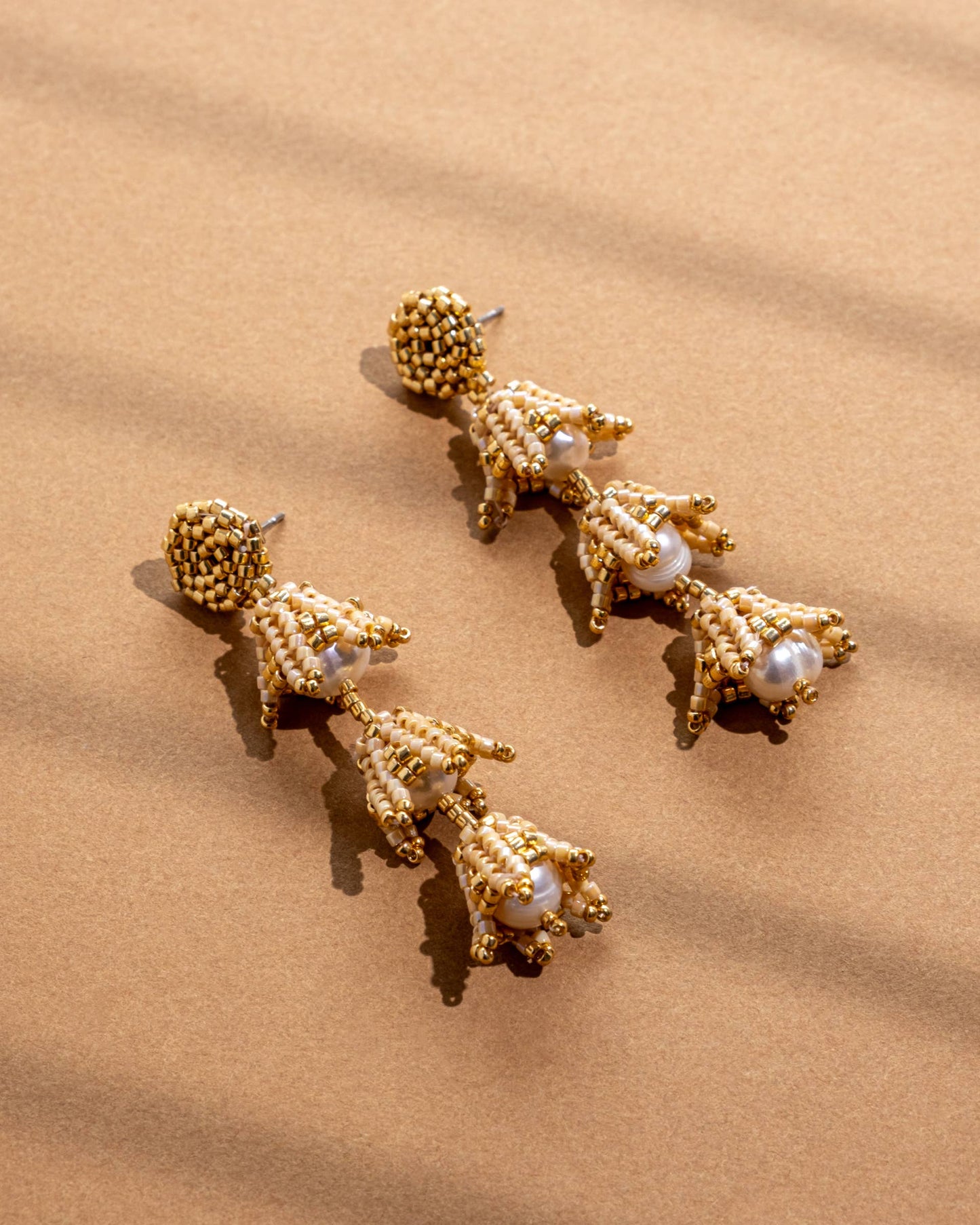 Beaded Handwoven Bell Drop and Pearl Earrings
