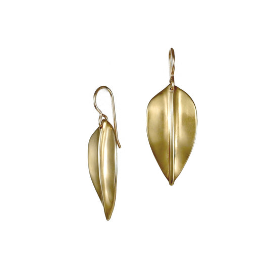 Gold leaf shaped earrings, front and side view.