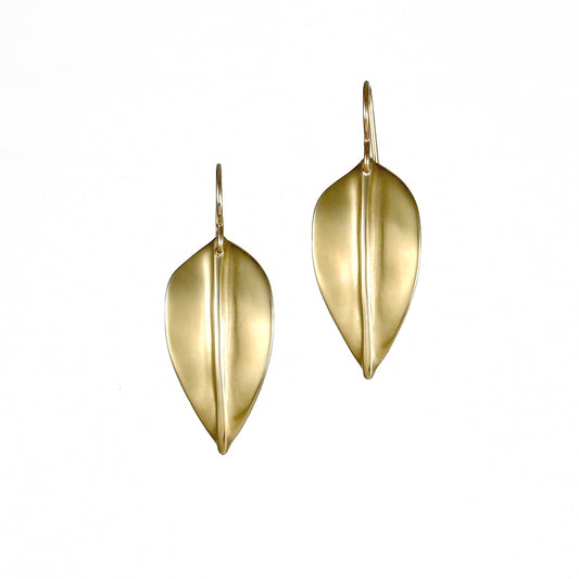 Gold leaf shaped earrings, front view.