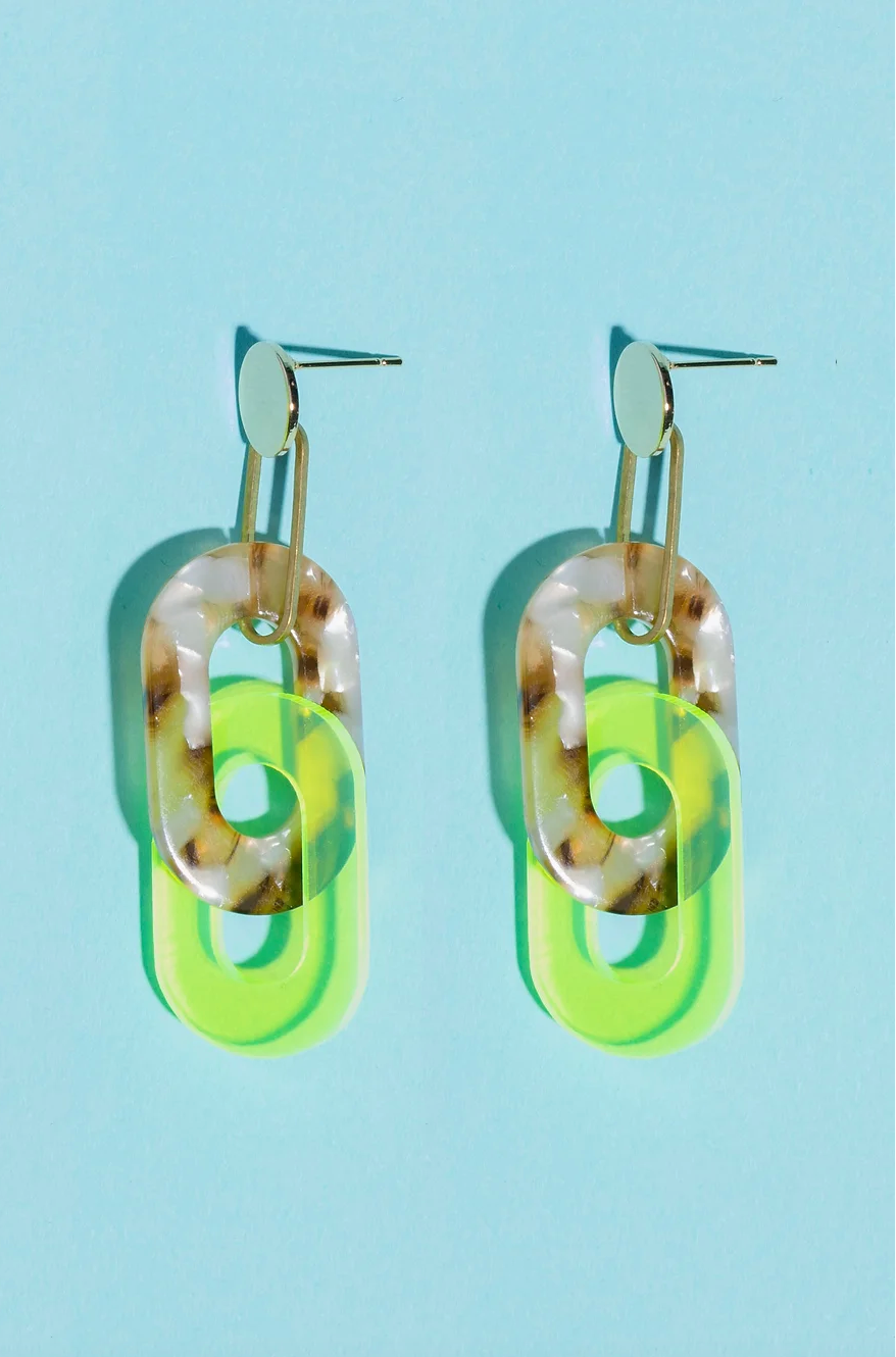 Tortoise shell and florescent green acrylic link earrings.