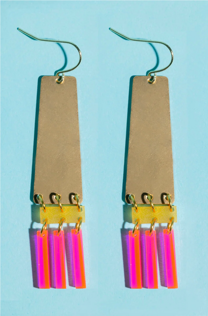 Brass and colorful acrylic earrings with pink fringe.